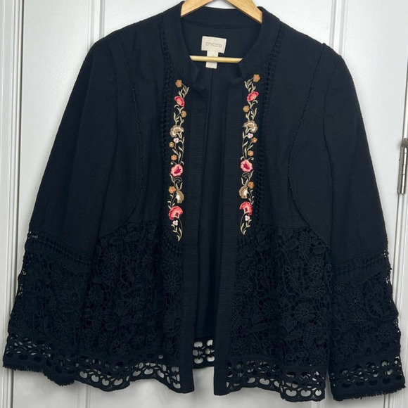 Chico's Jackets & Blazers - BOHO Chicos 3 Black Floral Embroidered Lace Beaded Eyelet Open Front Blazer XL